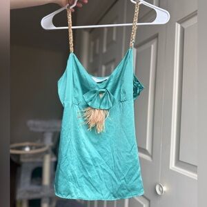 To The Max! 100% silk camisole blouse / sequined straps /feather / M / teal